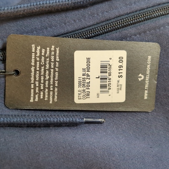 NWT True Religion Blue Large Zip Up Draw String Hoodie - Picture 5 of 9